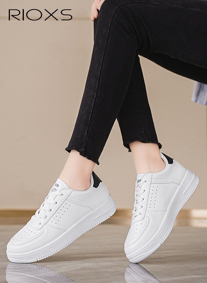 RIOXS Women's Classic White Sneakers, Casual Lightweight Leather Platform Sneakers, Breathable Sports Shoes Comfortable Walking Shoes for Ladies, Trendy Low Top Sneakers Versatile Leisure Shoes Tennis Shoes for Shopping Work Travel and Daily Wear, White&Black - Image 2